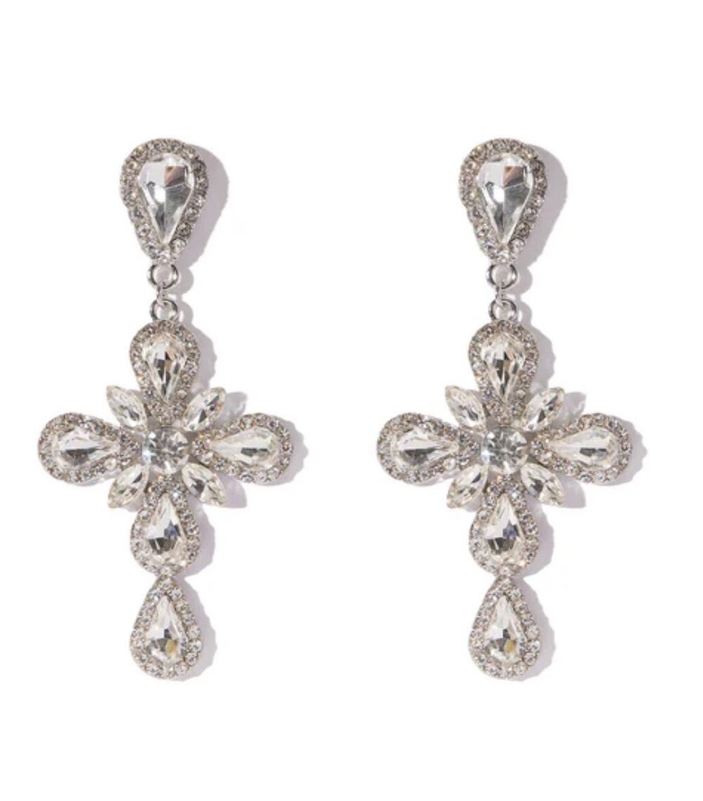 Fashion Nova Goddess of Grace Large Cross Glam Earrings in Silver
